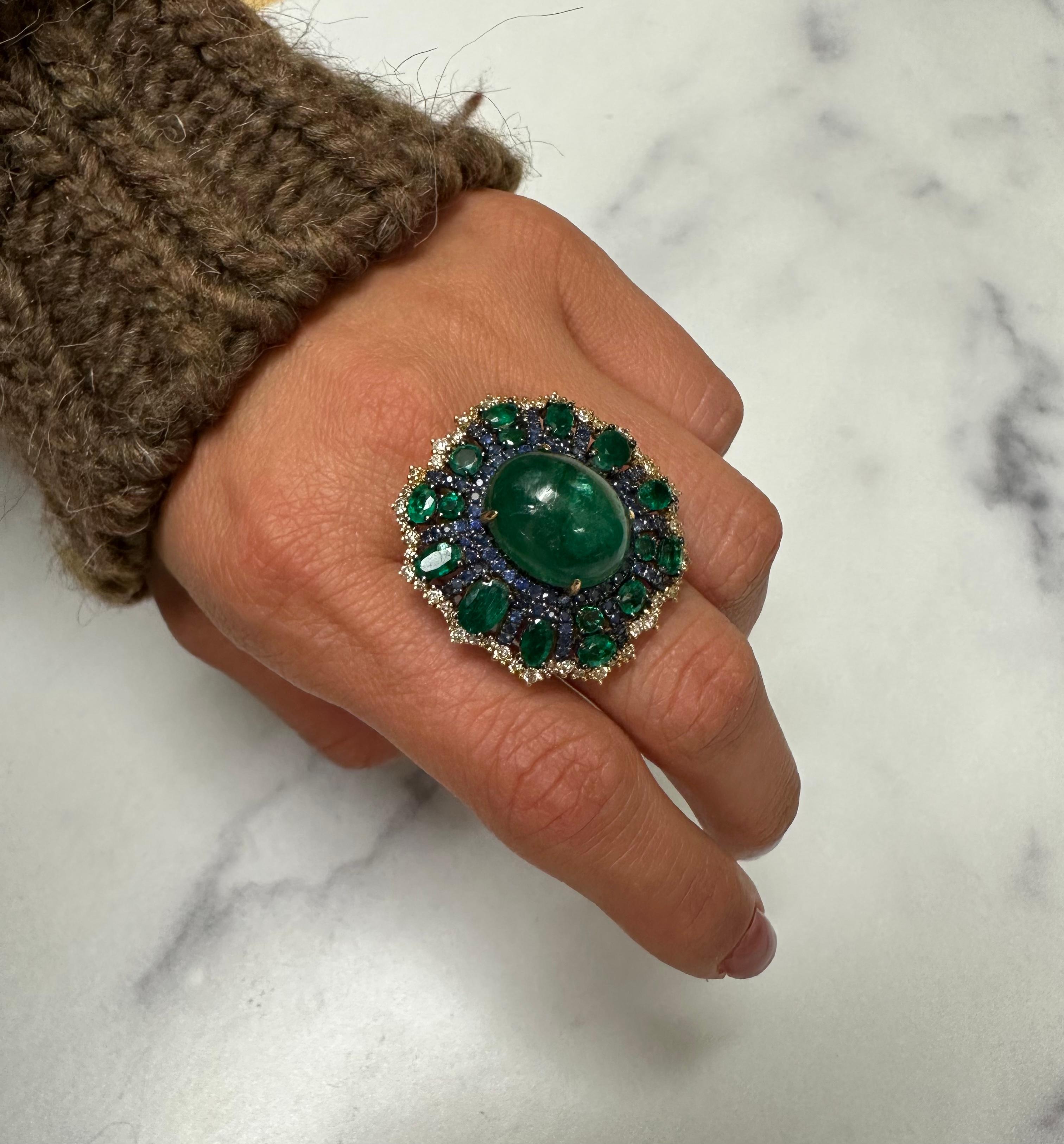 RUCHI Emerald, Blue Sapphire and Diamond Yellow Gold Cocktail Ring For Sale 1