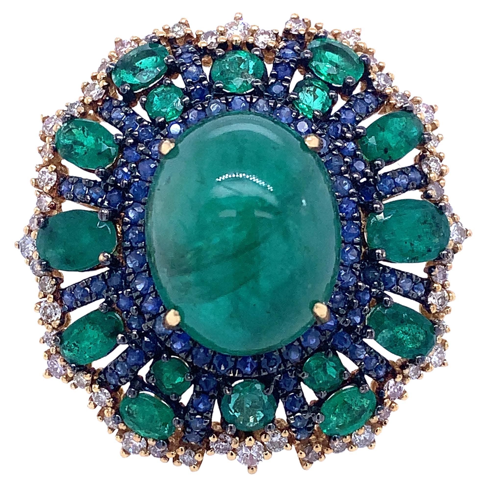 RUCHI Emerald, Blue Sapphire and Diamond Yellow Gold Cocktail Ring For Sale