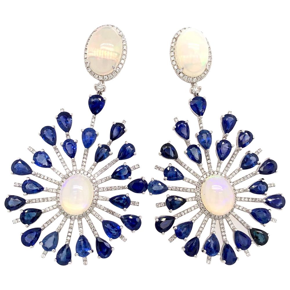 Opal and Blue Sapphire Slice Chandelier Earrings For Sale at 1stDibs