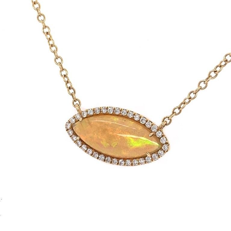Contemporary RUCHI Marquise Ethiopian Opal Cabochon with Diamond Yellow Gold Pendant Necklace For Sale