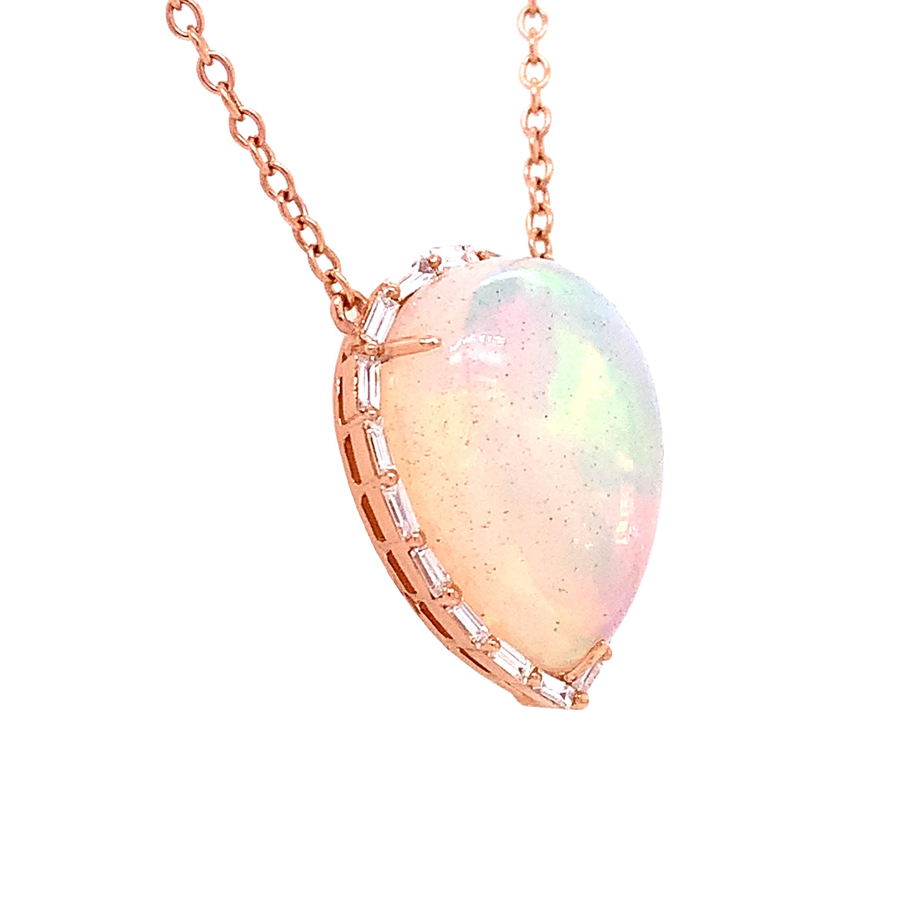 18K Rose Gold
Opal: 7.61ct total weight
Diamond: 0.30ct weight
All diamonds are G-H/SI stones.

16-18in Adjustable Chain.