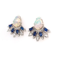 RUCHI Ethiopian Opal, Blue Sapphire and Diamond Baguette White Gold Studs