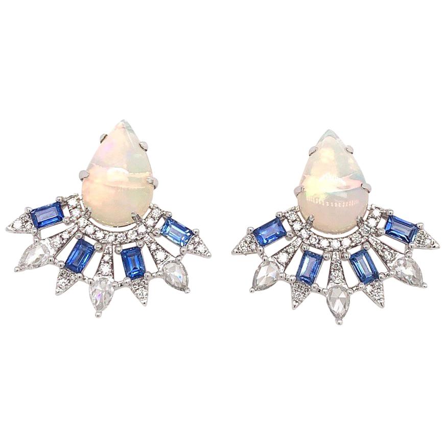 RUCHI Ethiopian Opal, Blue Sapphire and Diamond Baguette White Gold Studs