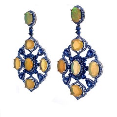 RUCHI Ethiopian Opal, Blue Sapphire & Diamond Blue Rhodium Chandelier Earrings