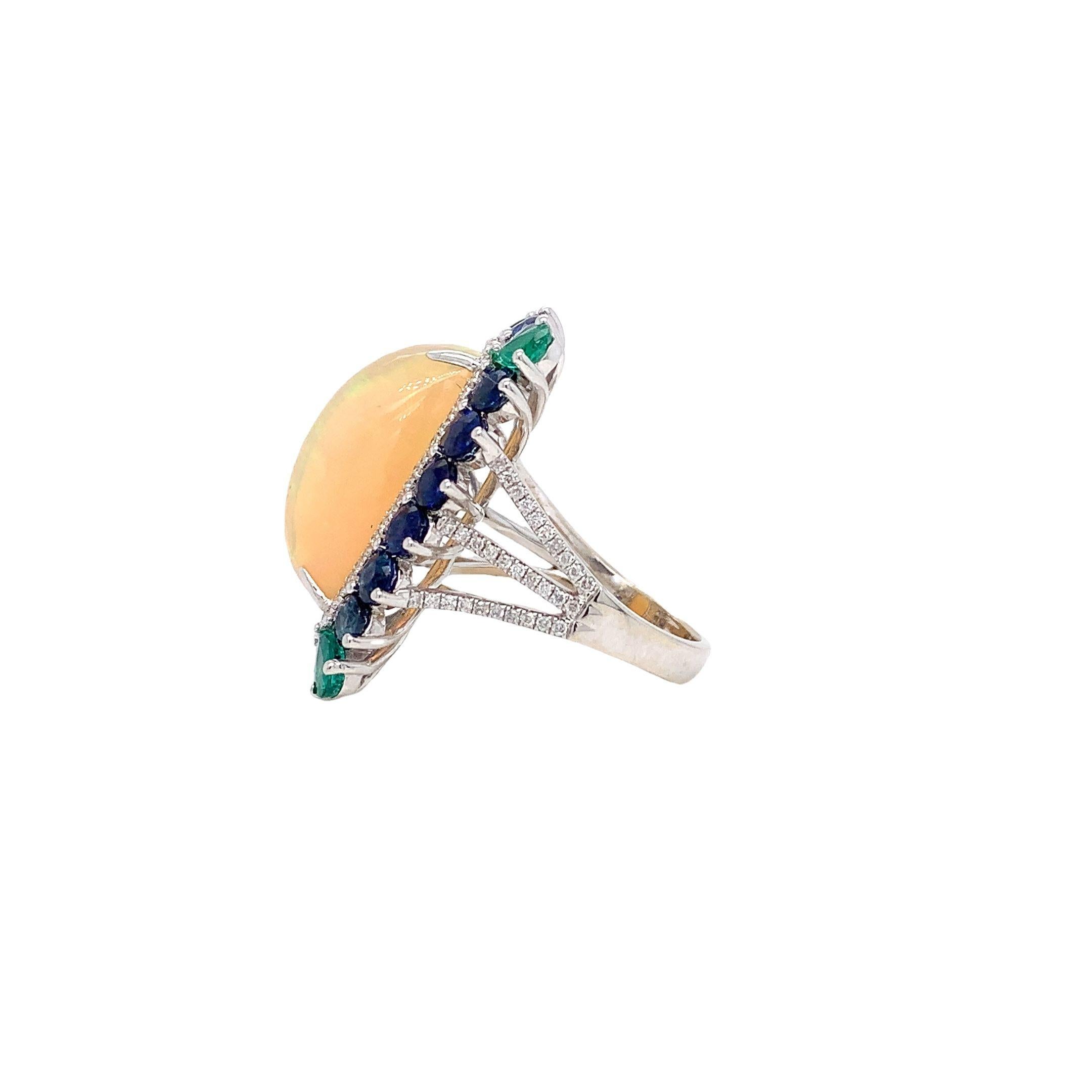 Contemporary RUCHI Ethiopian Opal, Colombian Emerald & Blue Sapphire White Gold Cocktail Ring For Sale