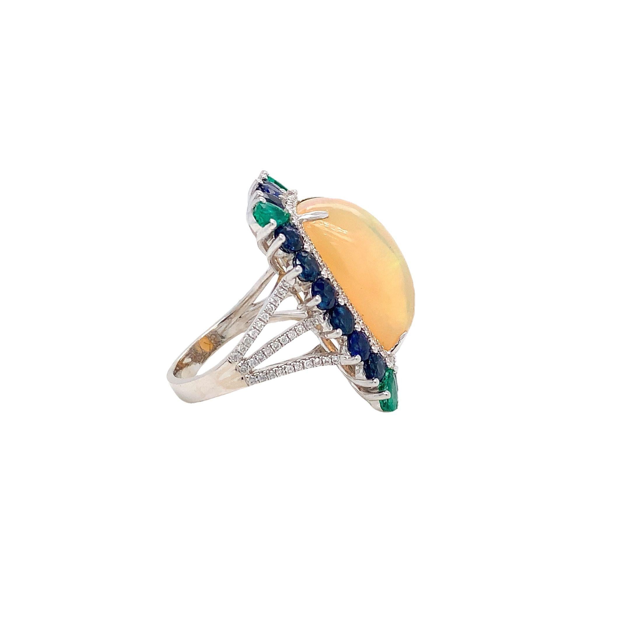 Mixed Cut RUCHI Ethiopian Opal, Colombian Emerald & Blue Sapphire White Gold Cocktail Ring For Sale