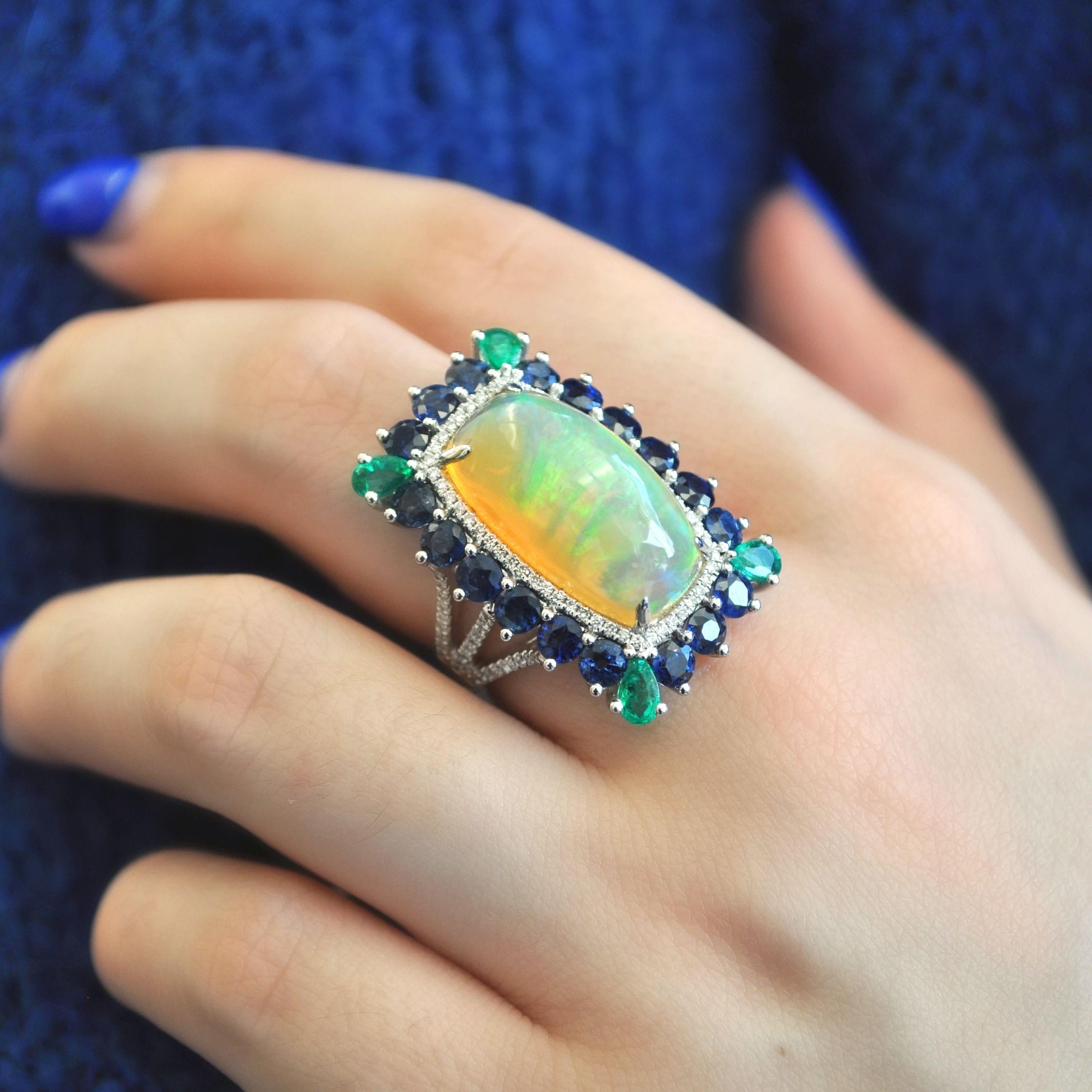 RUCHI Ethiopian Opal, Colombian Emerald & Blue Sapphire White Gold Cocktail Ring In New Condition For Sale In New York, NY