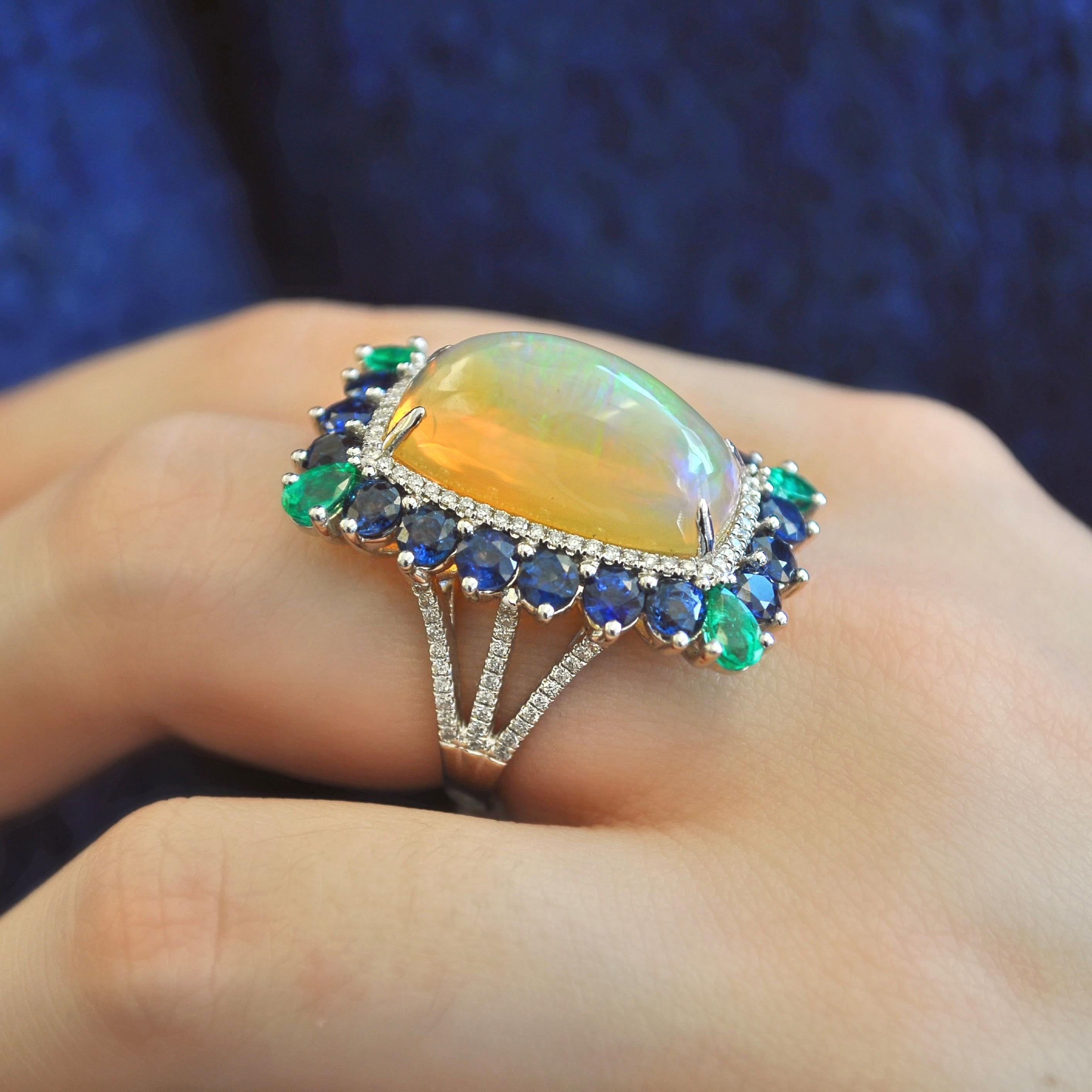 Women's RUCHI Ethiopian Opal, Colombian Emerald & Blue Sapphire White Gold Cocktail Ring For Sale