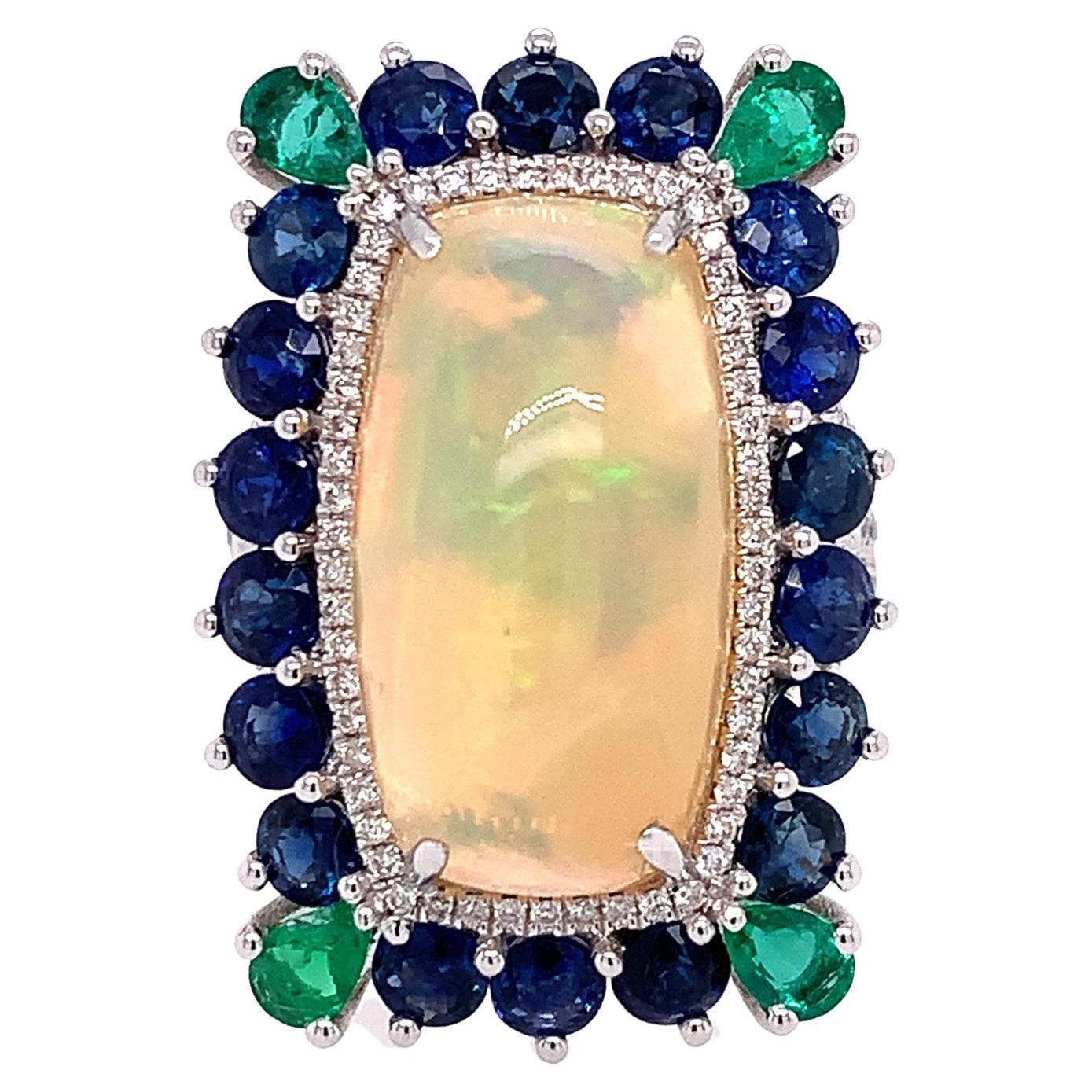 RUCHI Ethiopian Opal, Colombian Emerald & Blue Sapphire White Gold Cocktail Ring For Sale