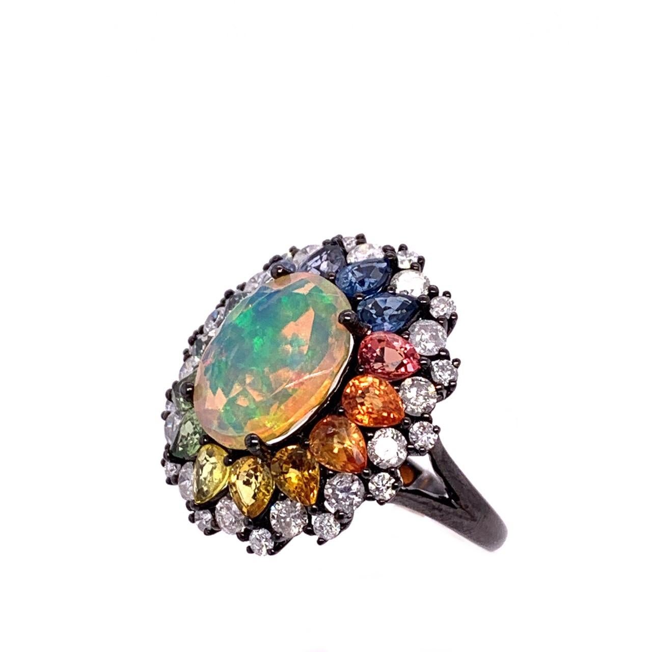 Oval Cut Ruchi New York Ethiopian Opal, Multicolored Sapphire and Diamond Cocktail Ring