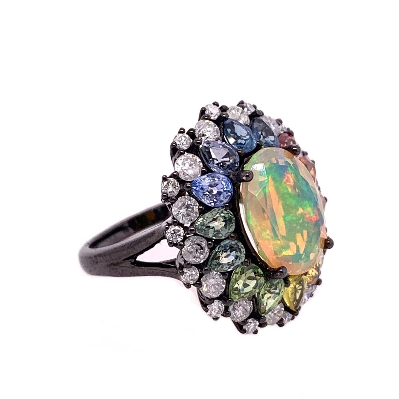 Women's or Men's Ruchi New York Ethiopian Opal, Multicolored Sapphire and Diamond Cocktail Ring