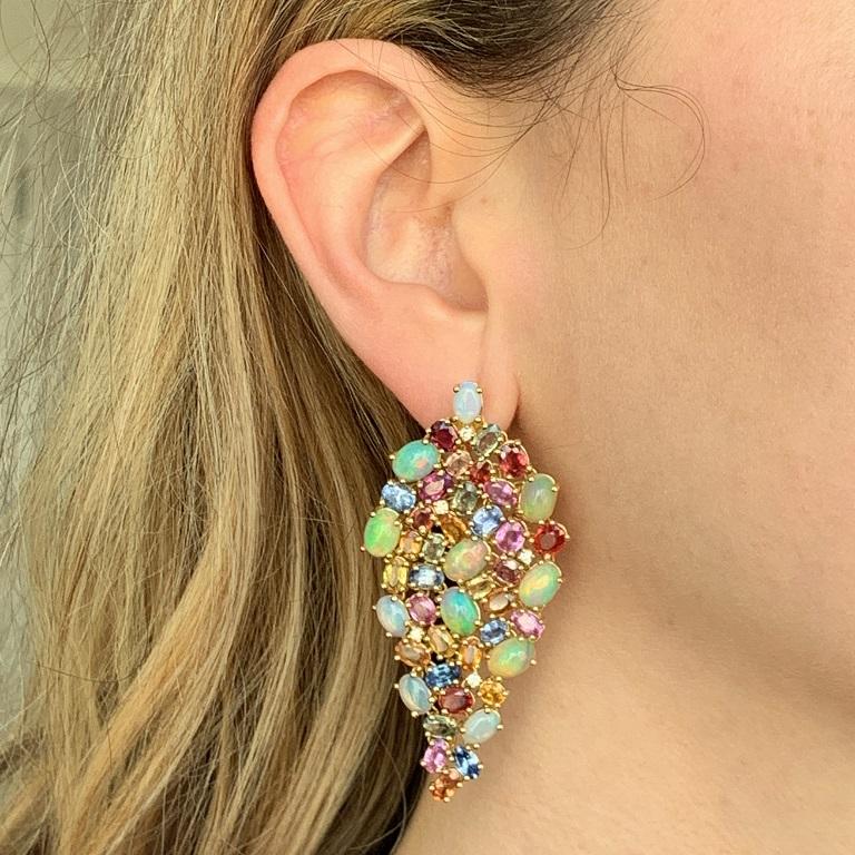 Mixed Cut Ruchi New York Ethiopian Opal, Multicolored Sapphire and Diamond Earrings