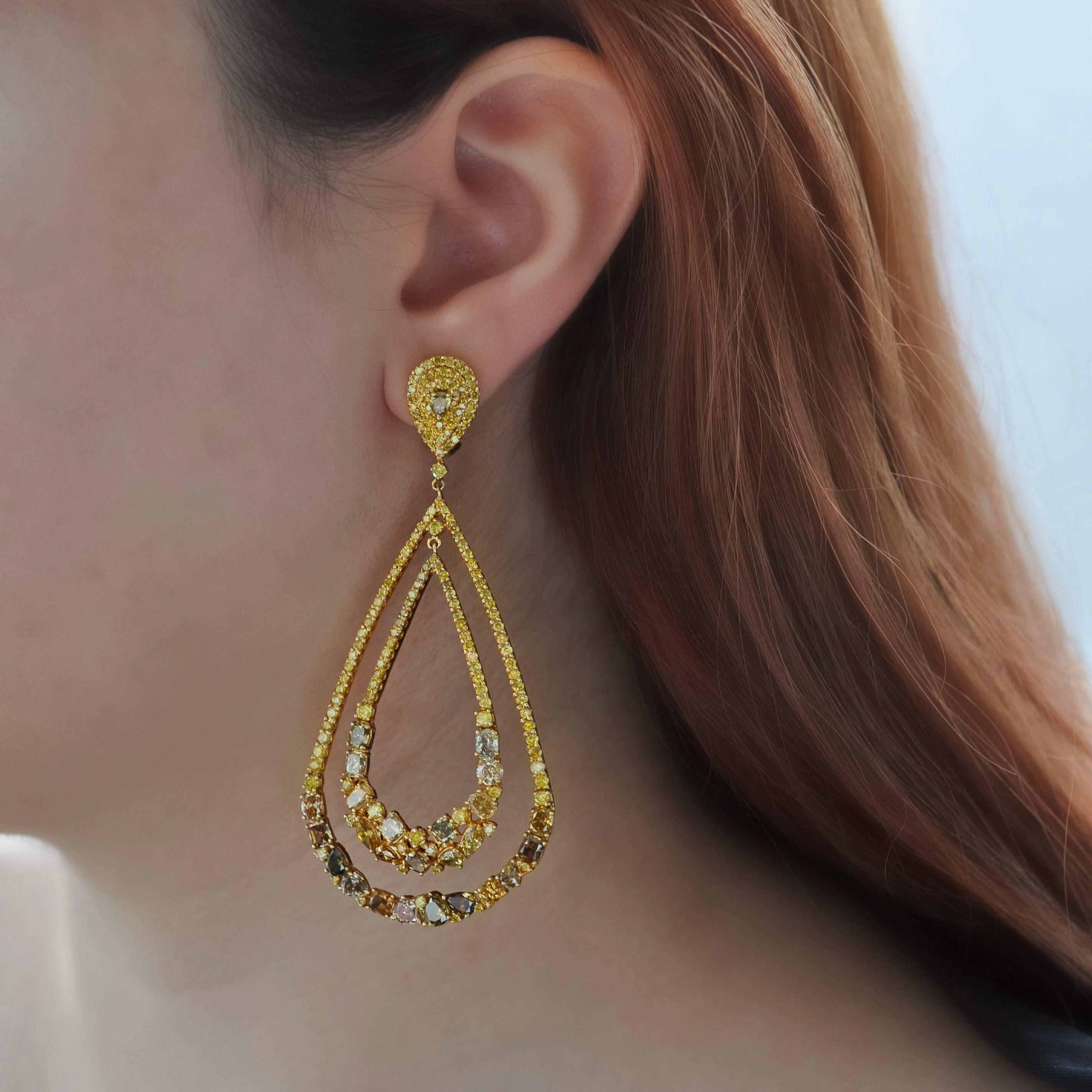 Mixed Cut RUCHI Multi-Colored Fancy Diamond Yellow Gold Chandelier Earrings For Sale