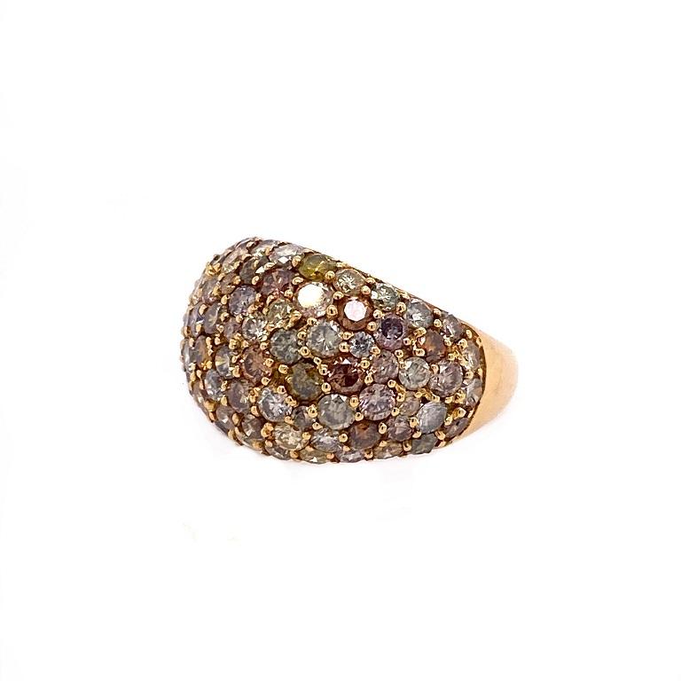 Sunshine Collection 

Low dome sparkling cocktail ring featuring an array of fancy colored Diamonds including natural yellow, green, purple and more! Set in 18K yellow gold. US size 7. 

Fancy Diamonds: 4.09ct total weight.
