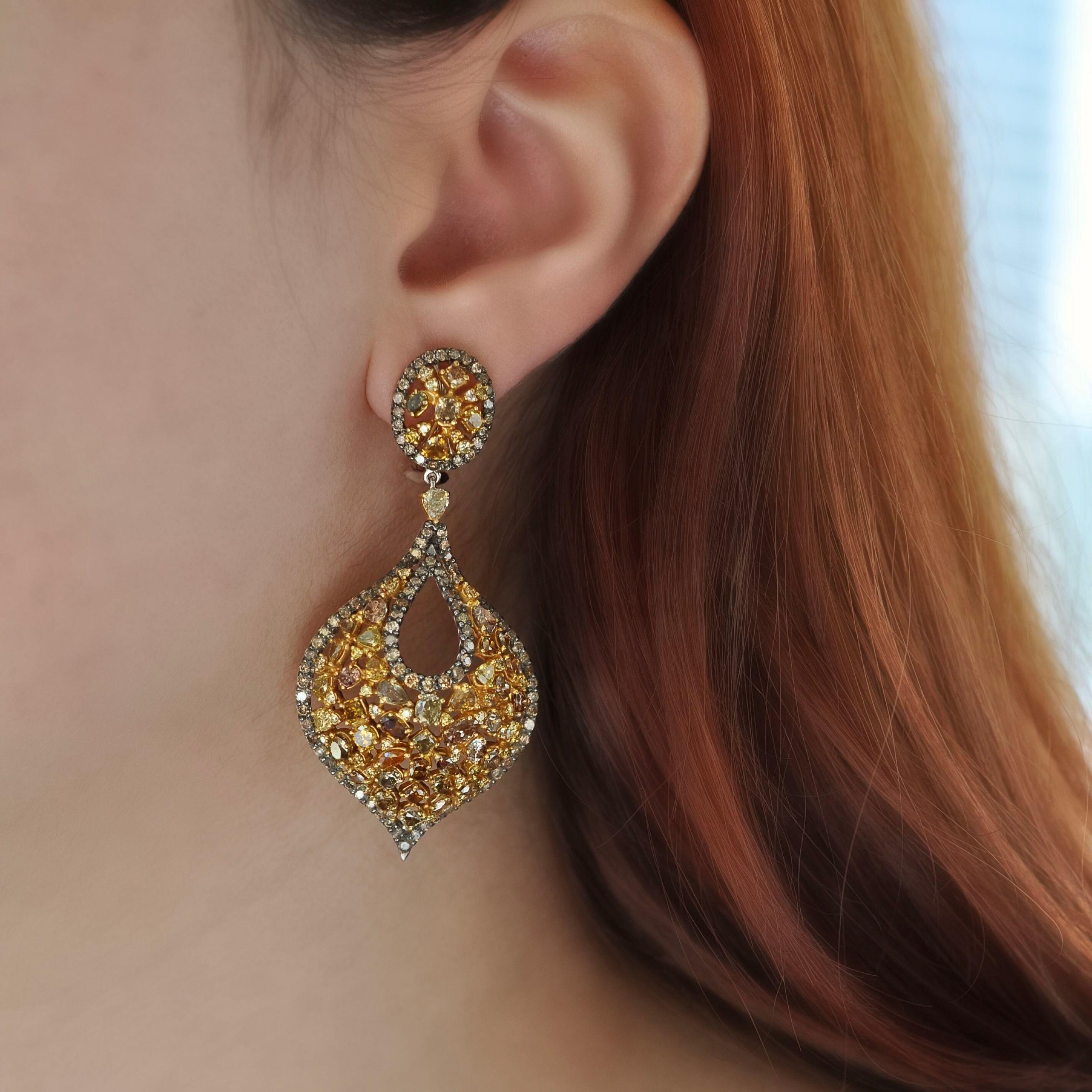 Contemporary RUCHI Mixed-Shape Fancy Yellow and Brown Diamond White Gold Chandelier Earrings For Sale
