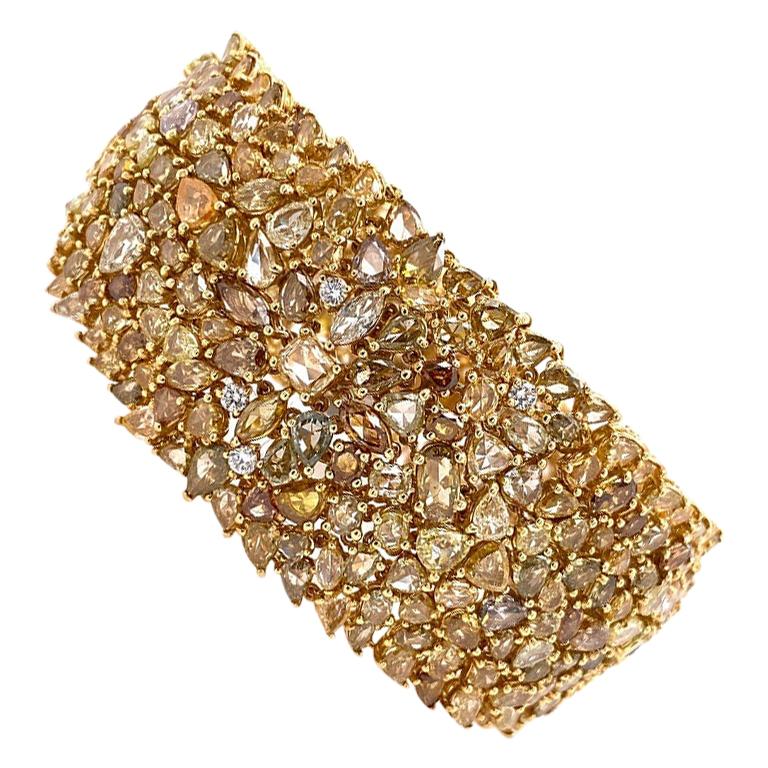RUCHI Mixed-Shape Fancy Yellow Diamond Yellow Gold Statement Wide Bracelet For Sale
