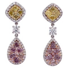 RUCHI Boucles d'oreilles pendantes en or blanc ornées de diamants fantaisie roses, jaunes et blancs