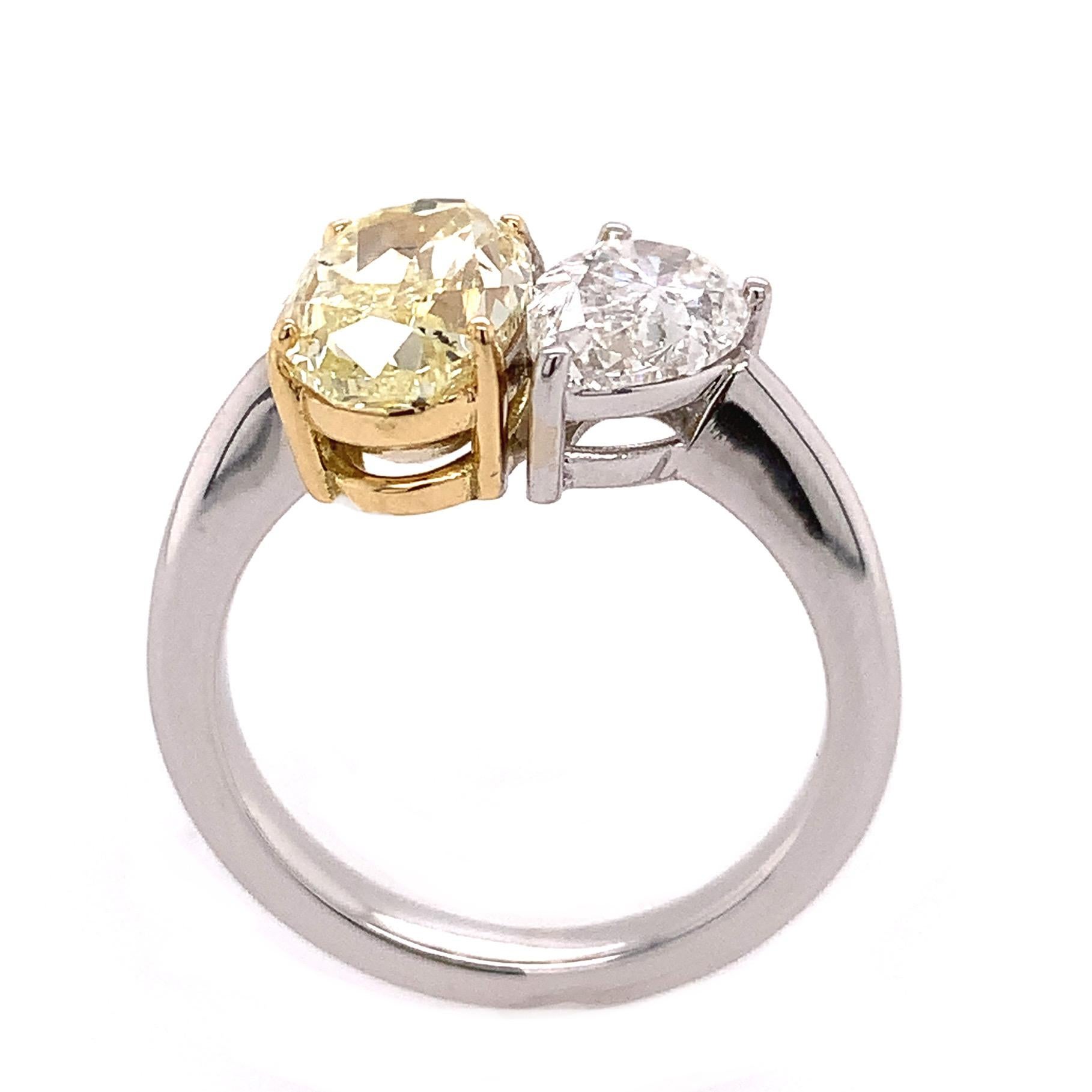 Contemporary RUCHI Fancy Yellow and White Diamond White Gold Engagement Toi Et Moi Ring For Sale
