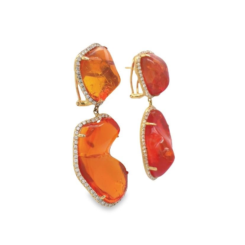Contemporary RUCHI Fire Opal with Pavé Diamond Yellow Gold Clip-On Dangle Earrings For Sale