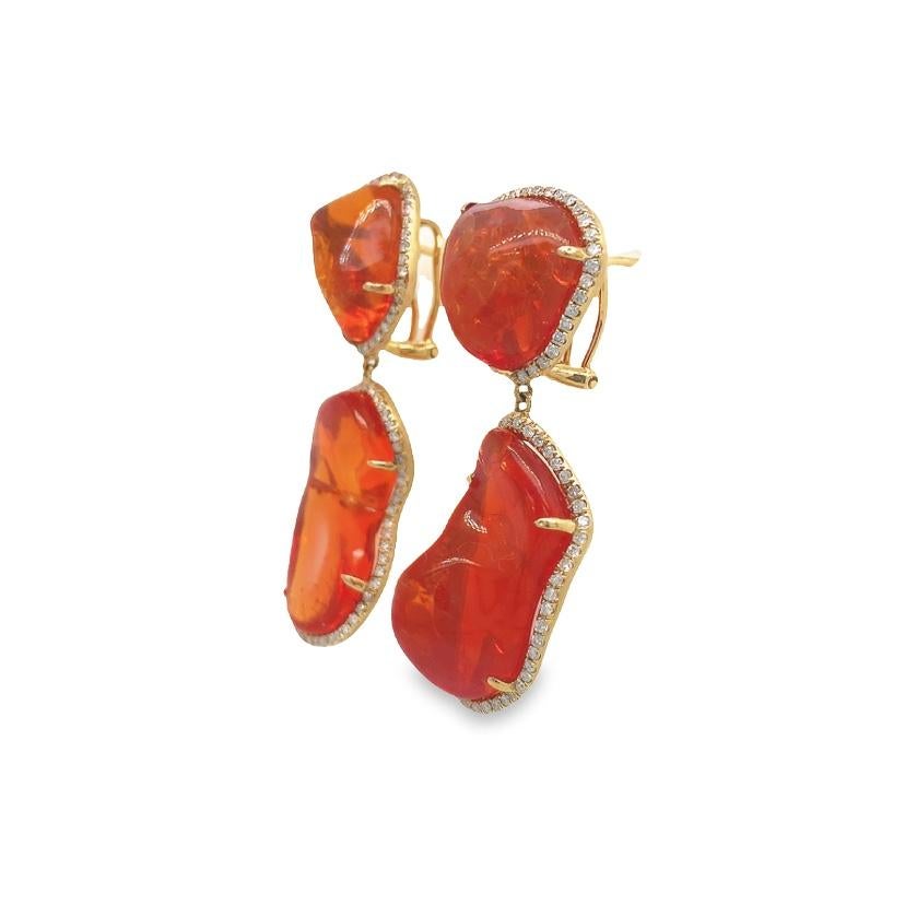Mixed Cut RUCHI Fire Opal with Pavé Diamond Yellow Gold Clip-On Dangle Earrings For Sale
