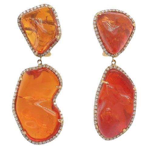 RUCHI Fire Opal with Pavé Diamond Yellow Gold Clip-On Dangle Earrings