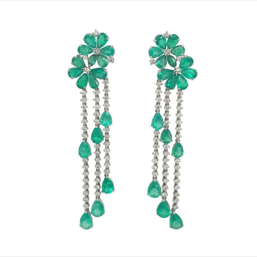 Contemporary Flower Shape Emerald and Diamond Earrings