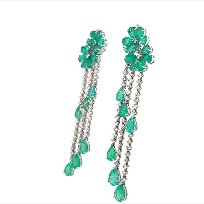 Mixed Cut Flower Shape Emerald and Diamond Earrings