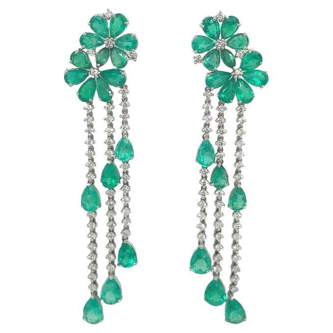 Flower Shape Emerald and Diamond Earrings