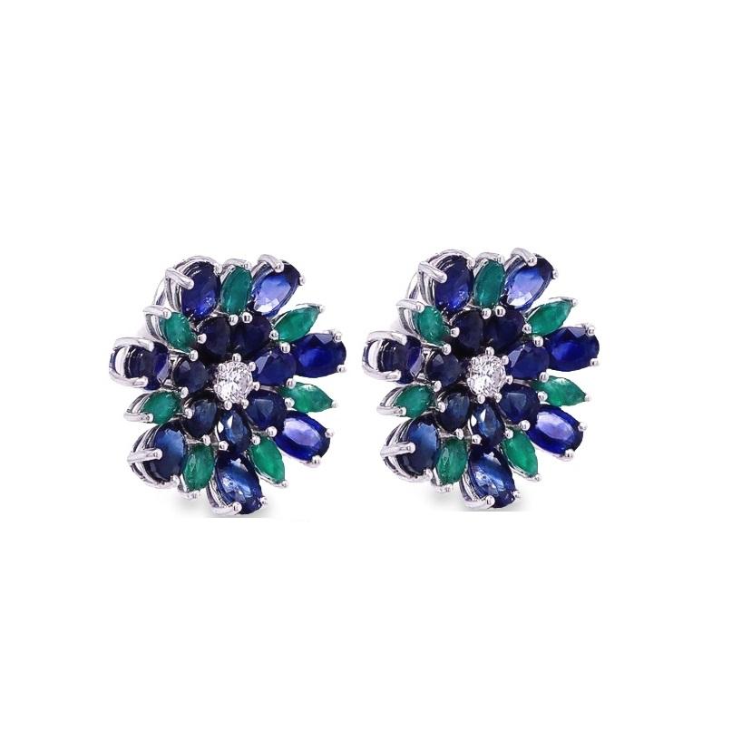 Contemporary RUCHI Blue Sapphire, Emerald and Diamond White Gold Floral Clip-On Earrings For Sale