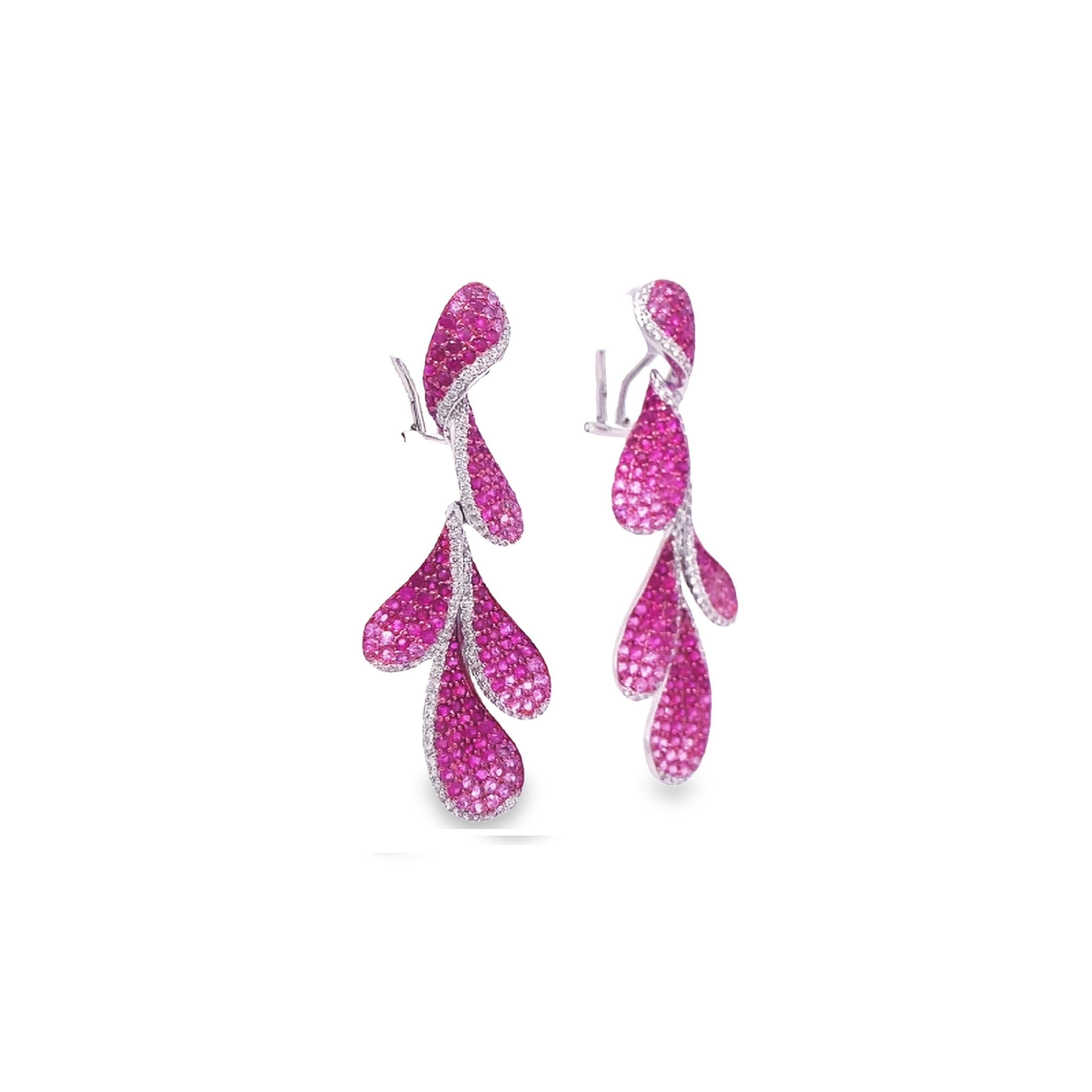 Contemporary RUCHI Ruby and Diamond Pavé White Gold Leaf-Shape Dangle Earrings For Sale