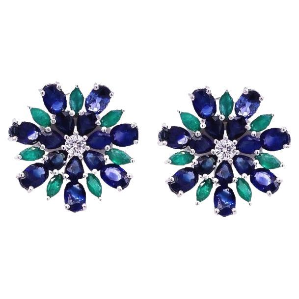 RUCHI Blue Sapphire, Emerald and Diamond White Gold Floral Clip-On Earrings For Sale