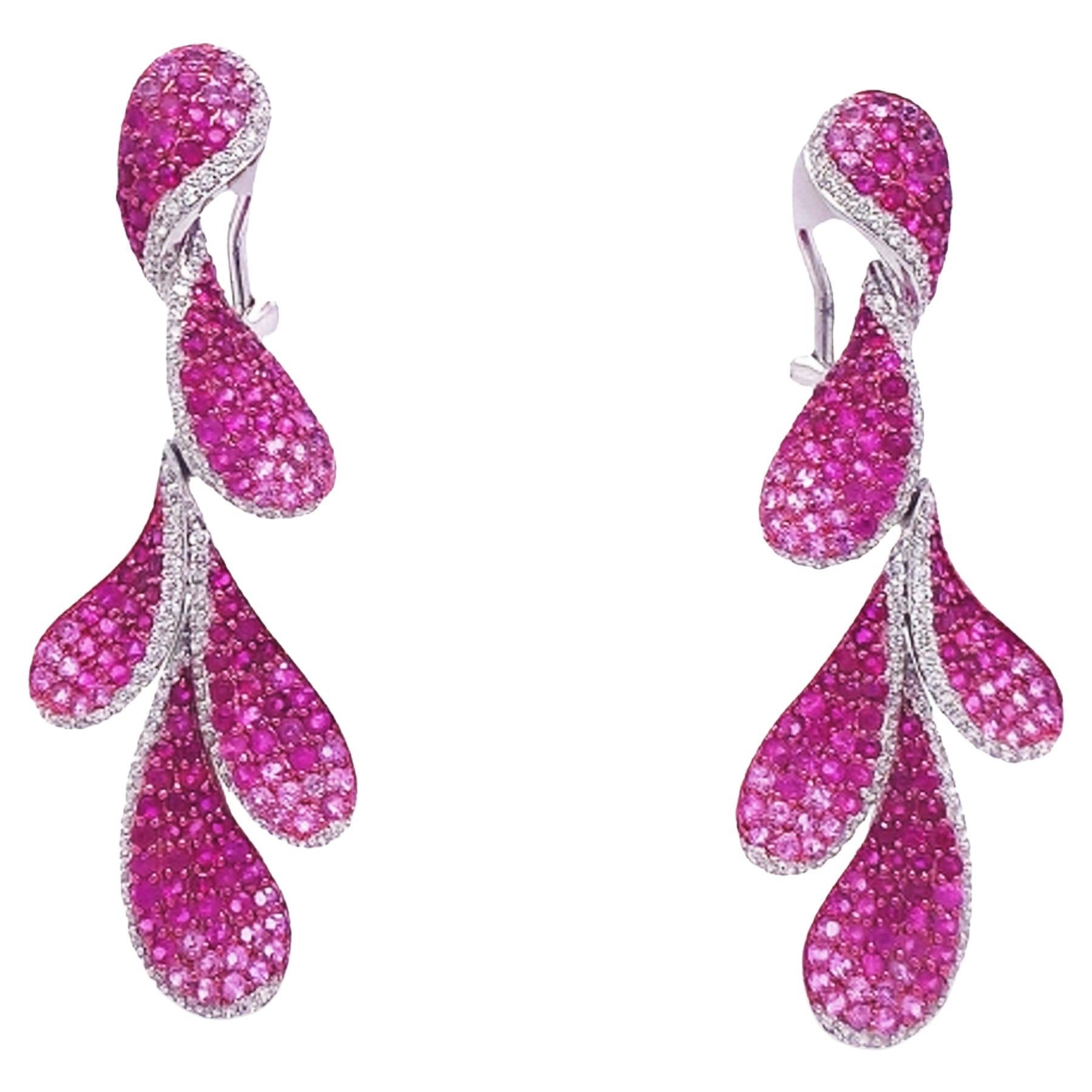 RUCHI Ruby and Diamond Pavé White Gold Leaf-Shape Dangle Earrings For Sale