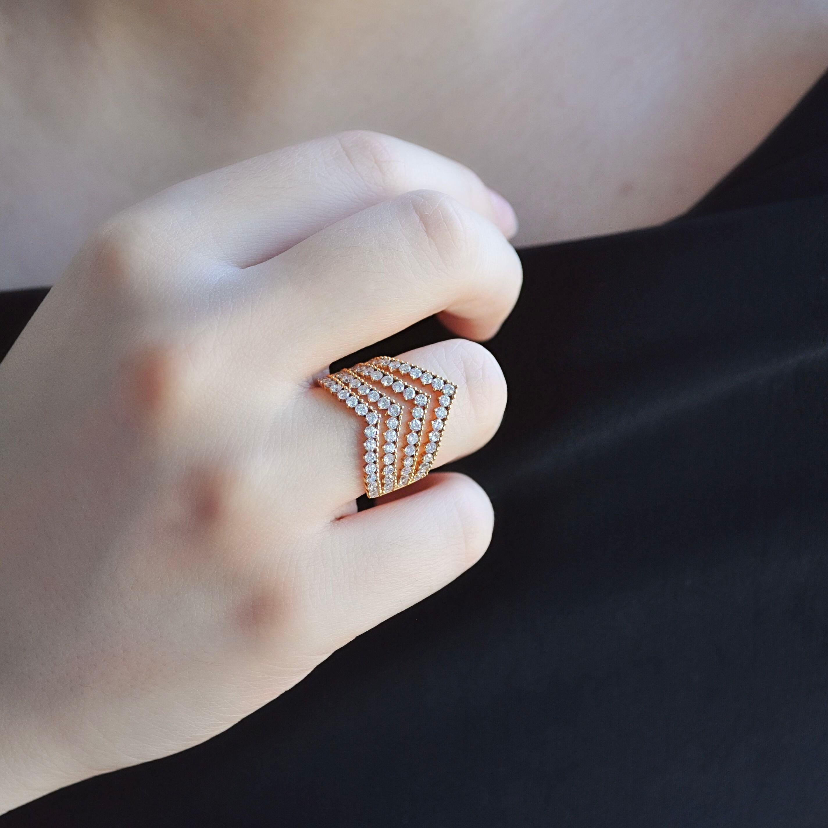 RUCHI Brilliant-Cut Diamond Rose Gold Four-Row Cocktail Ring In New Condition For Sale In New York, NY