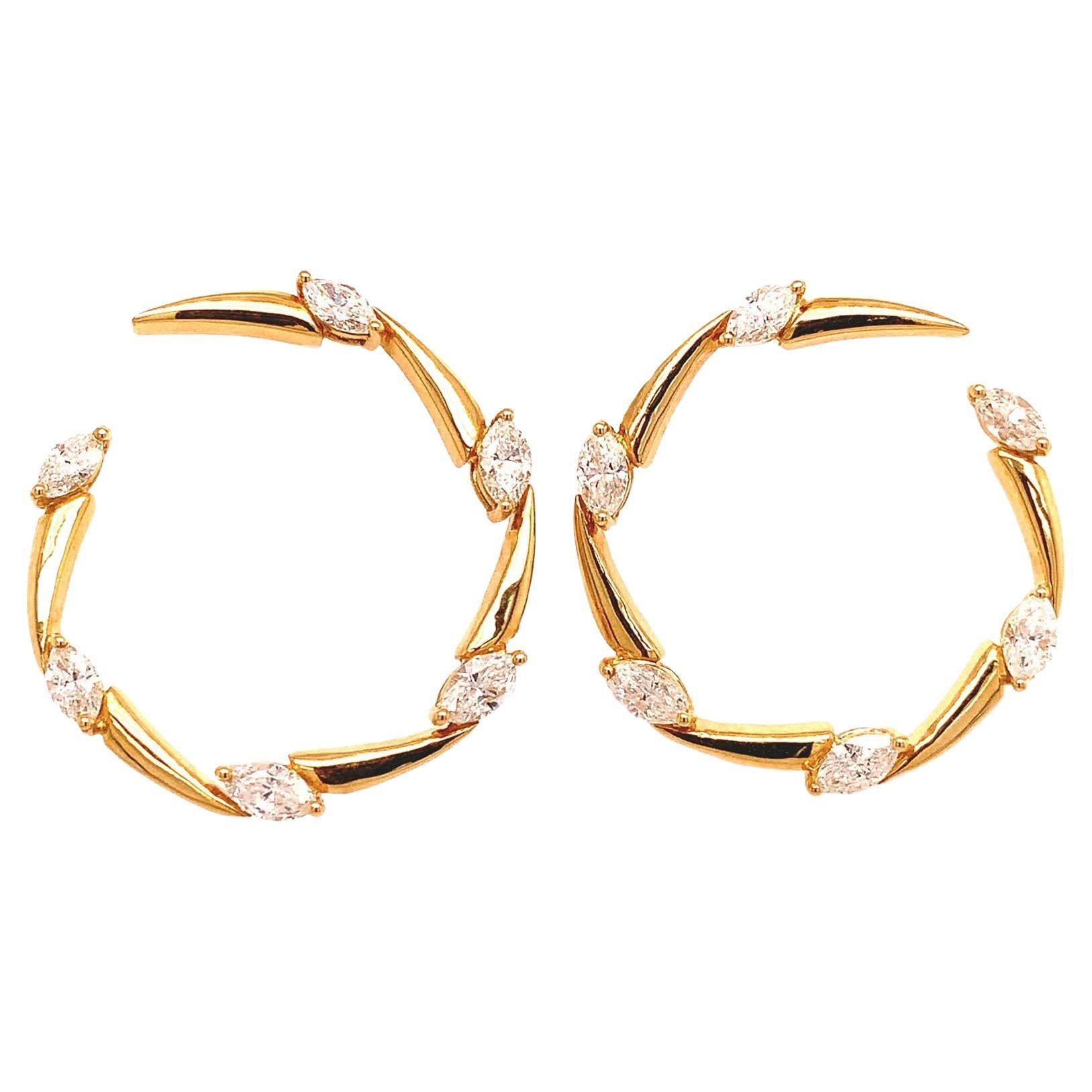 RUCHI Marquise-Cut Diamond Yellow Gold C-Shape Earrings For Sale
