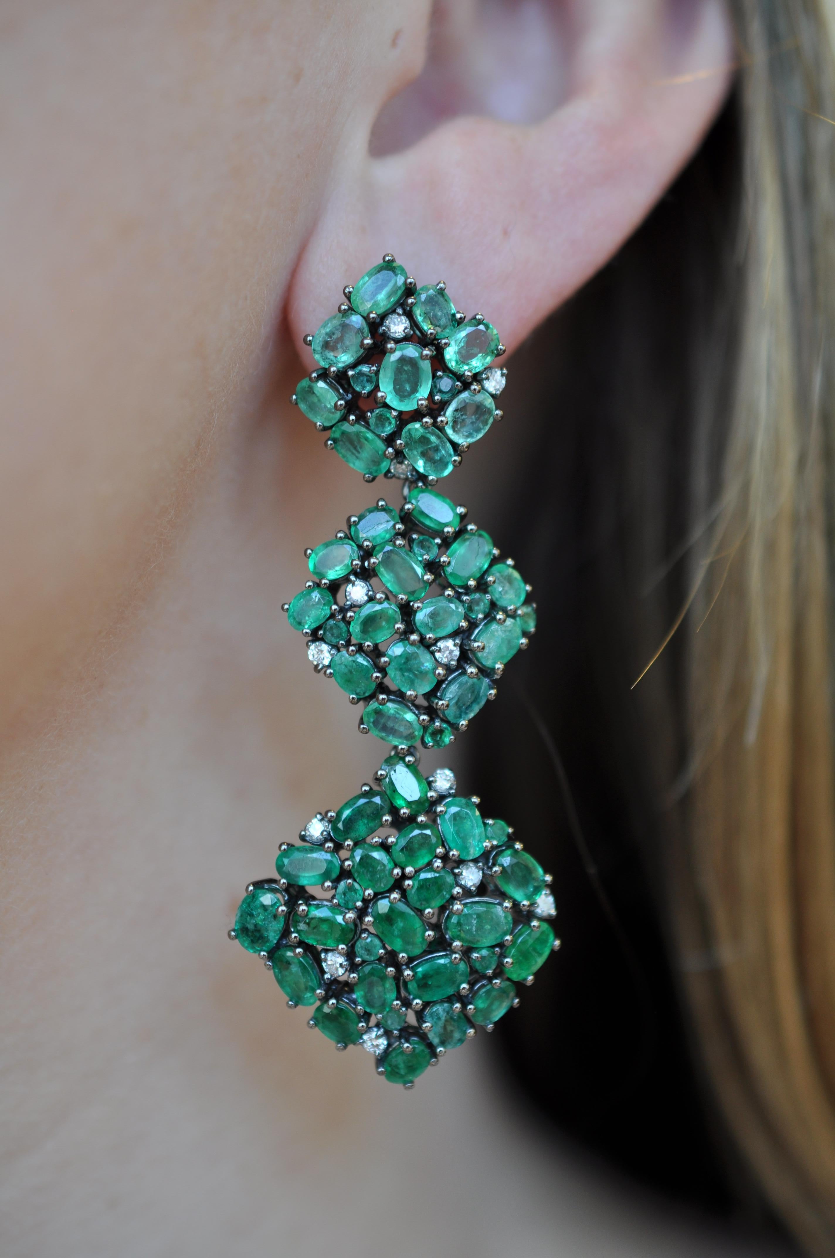 Oval Cut Ruchi New York Gradient Emerald and Diamond Drop Chandelier Earrings For Sale