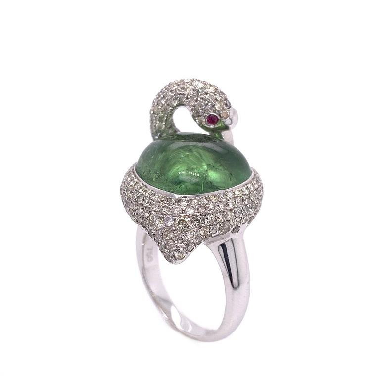 Contemporary RUCHI Green Tourmaline & Pavé Diamond Swan White Gold Cocktail Ring For Sale