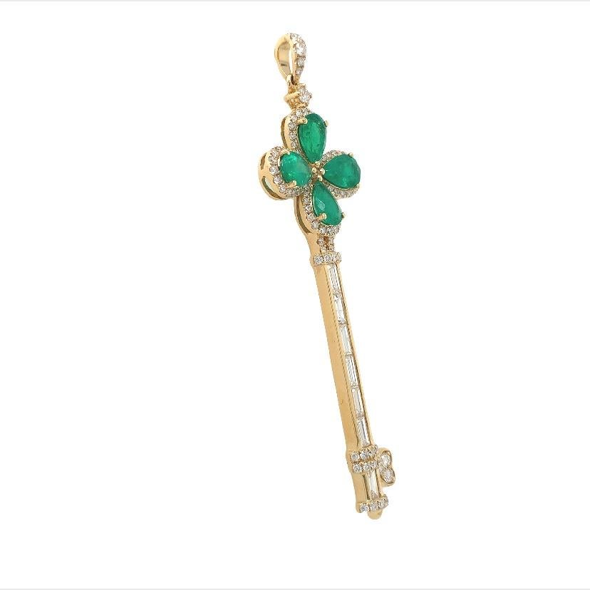 Contemporary RUCHI Emerald and Diamond Yellow Gold Key-Shaped Pendant For Sale