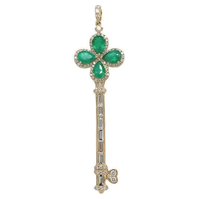 RUCHI Emerald and Diamond Yellow Gold Key-Shaped Pendant For Sale