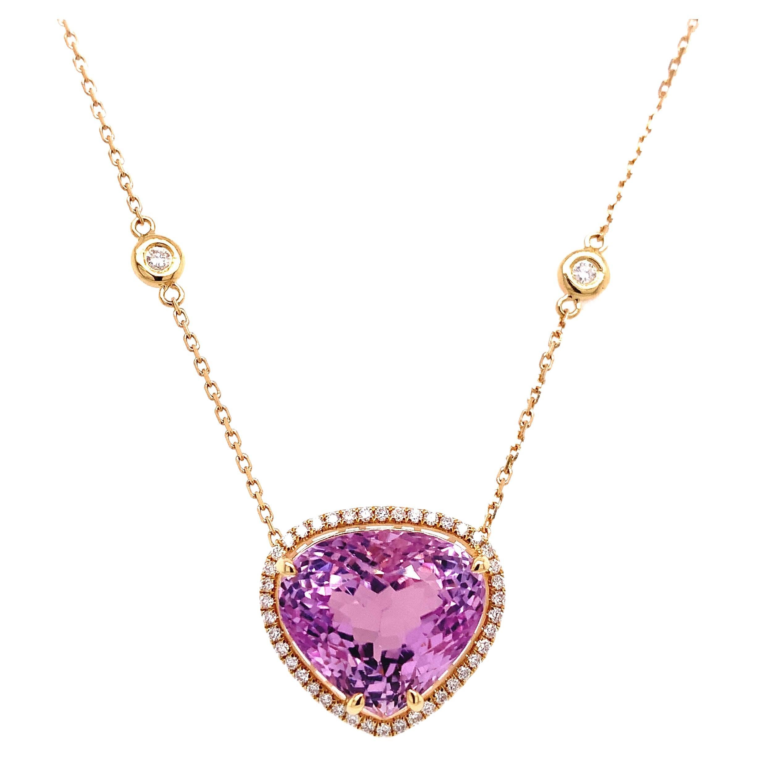 RUCHI Kunzite with Diamond Accent Yellow Gold Pendant Necklace For Sale