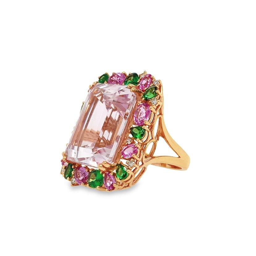 18K Rose Gold
Kunzite- 26.18 Cts
Pink Sapphire-2.46 Cts
Tsavorite- 1.9 Cts
Diamond- 0.16 Cts
All Diamonds are G-H/SI
