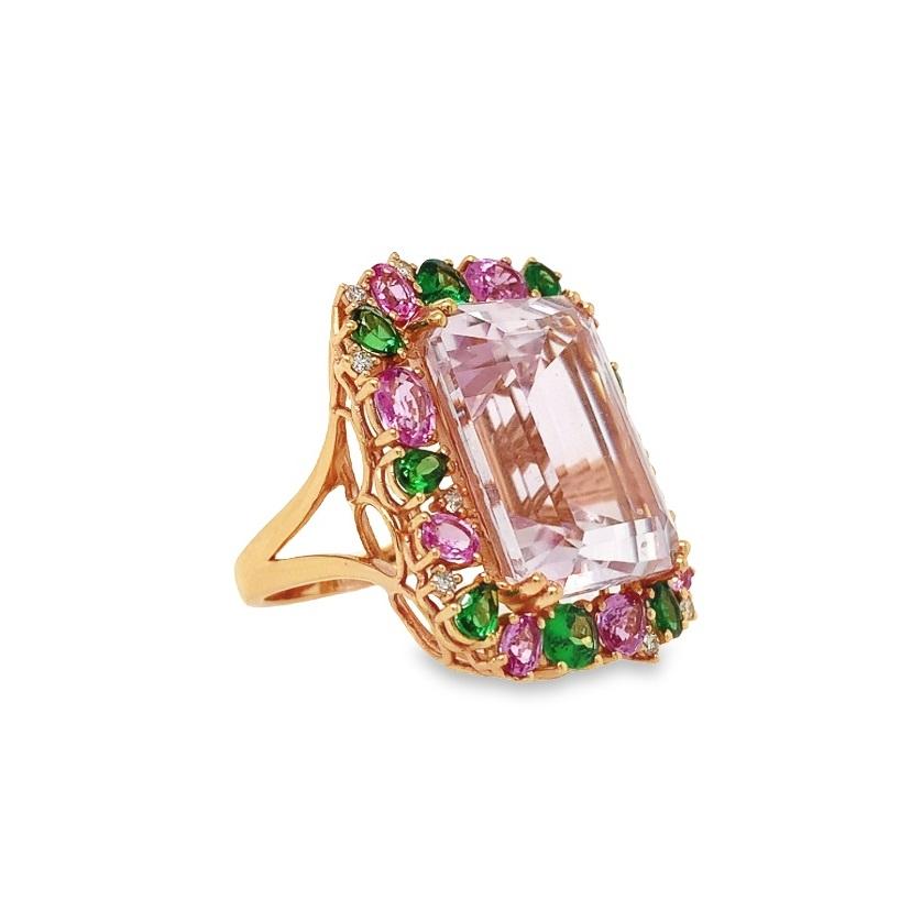 Contemporary RUCHI Kunzite, Tsavorite, Pink Sapphire and Diamond Rose Gold Cocktail Ring For Sale