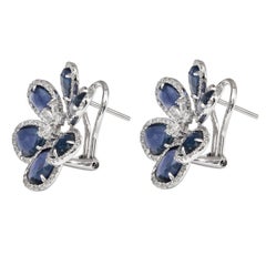 RUCHI Blue Sapphire and Diamond White Gold Flower Clip-On Earrings