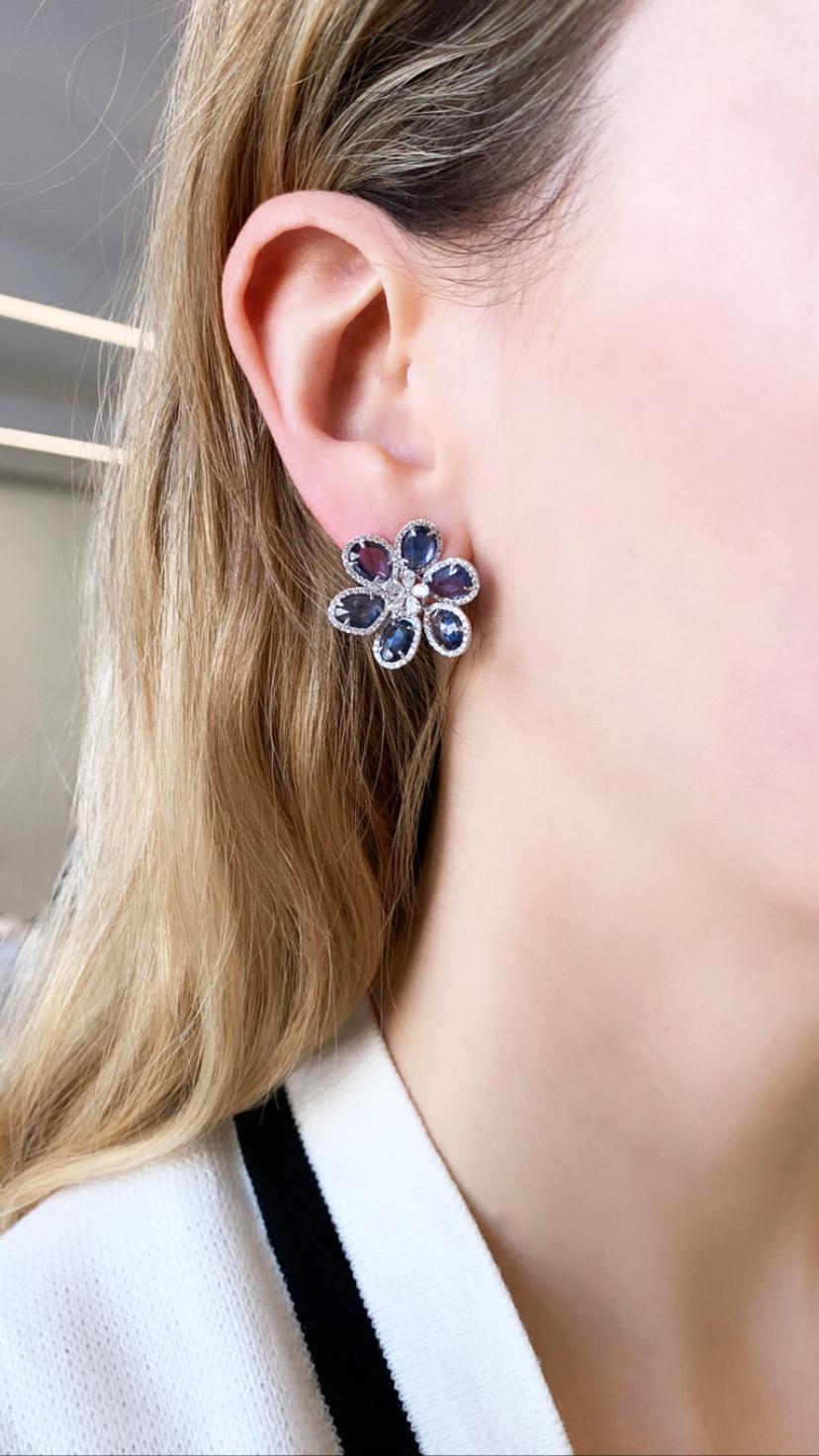 Contemporary RUCHI Blue Sapphire and Diamond White Gold Flower Clip-On Earrings For Sale