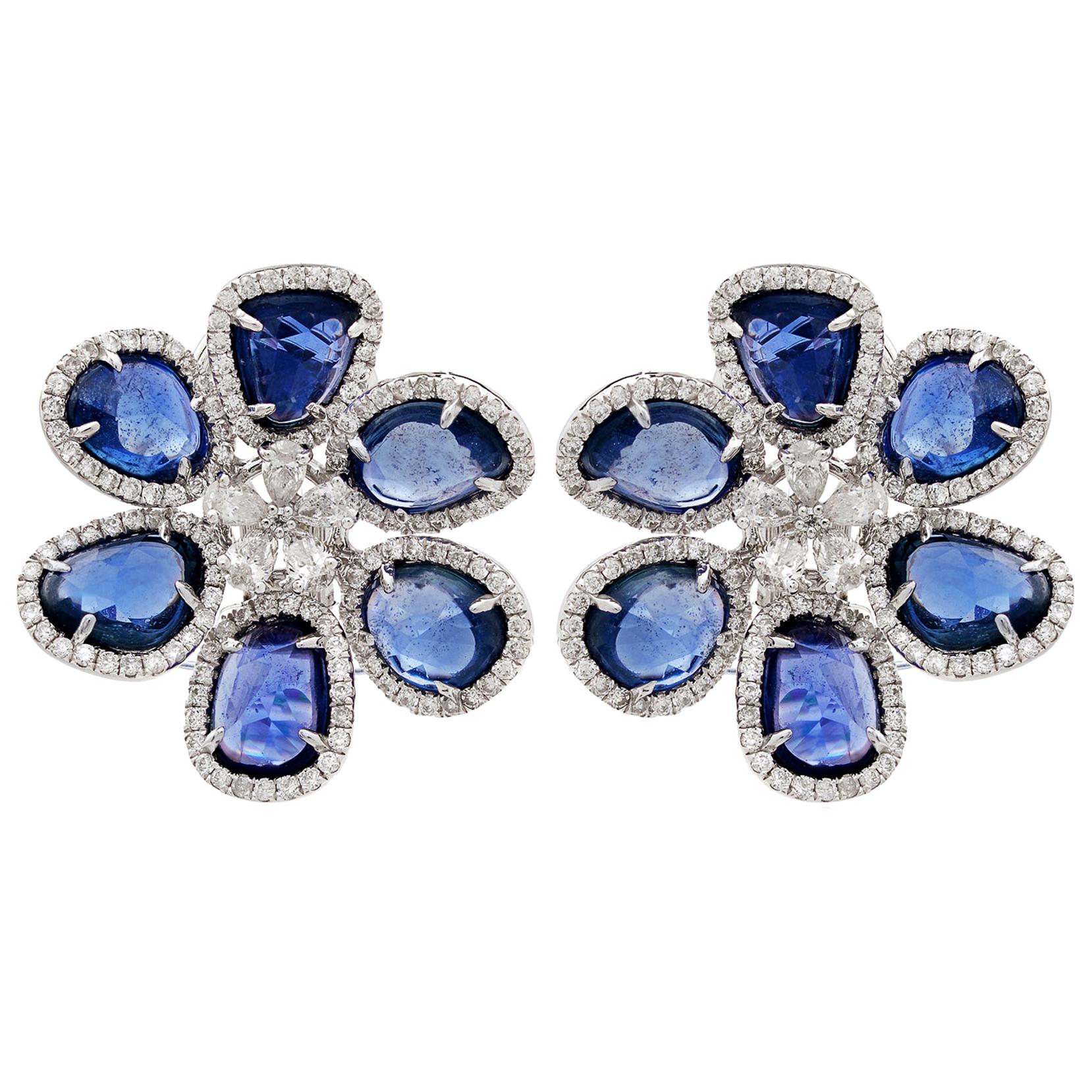 RUCHI Blue Sapphire and Diamond White Gold Flower Clip-On Earrings For Sale