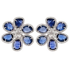 RUCHI Blue Sapphire and Diamond White Gold Flower Clip-On Earrings