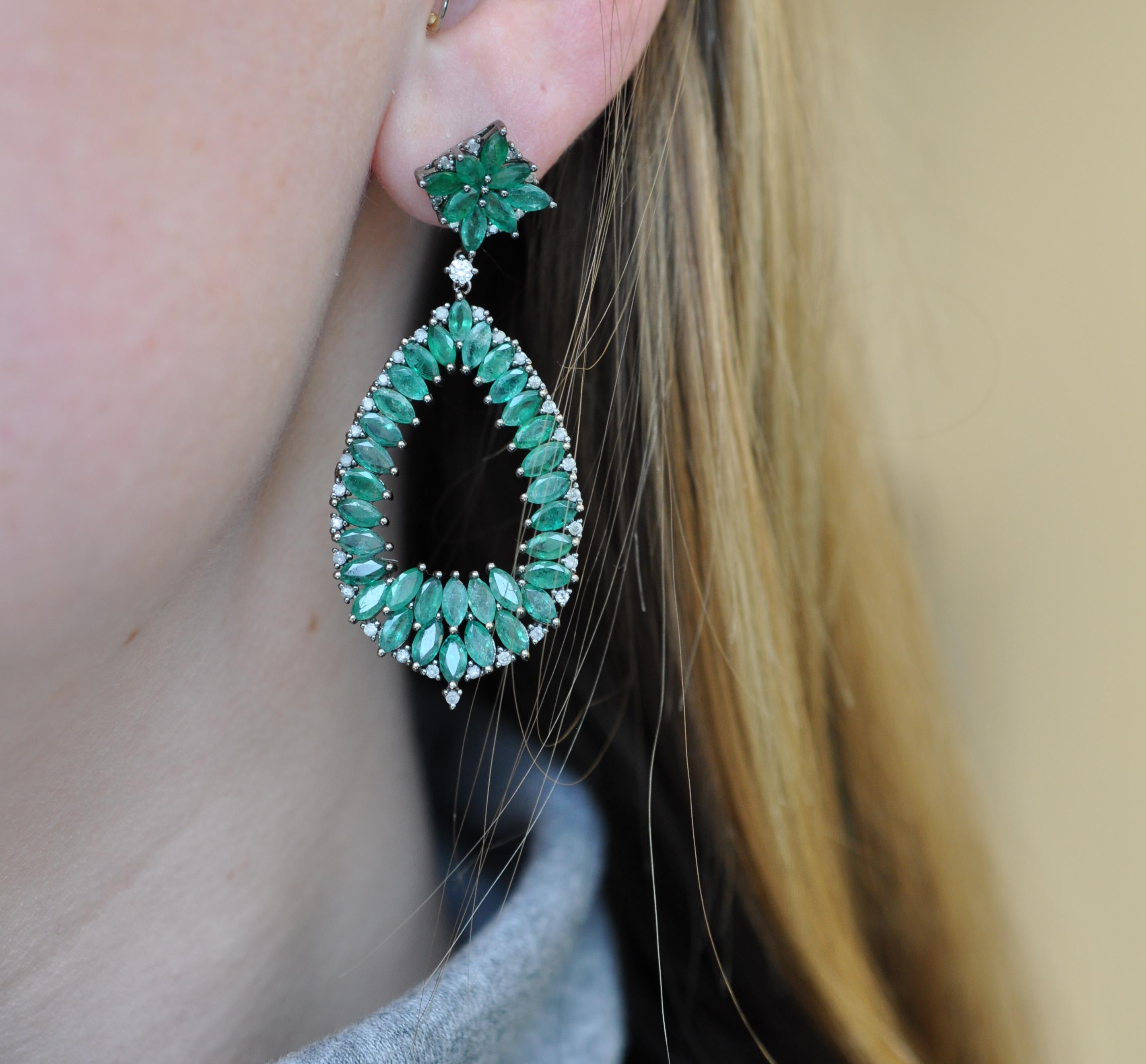 Marquise Cut Ruchi New York Marquise Emerald and Diamond Chandelier Earrings