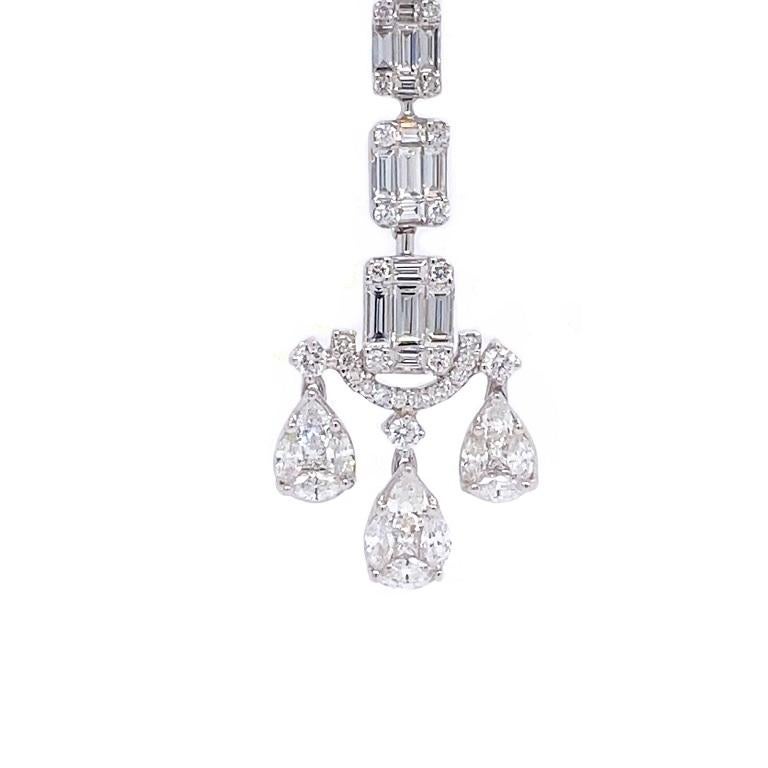 Contemporary RUCHI Baguette Diamond Illusion White Gold Drop Earrings For Sale