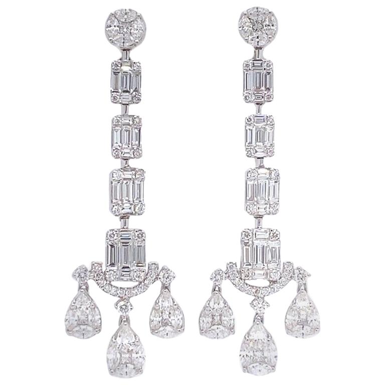 RUCHI Baguette Diamond Illusion White Gold Drop Earrings For Sale