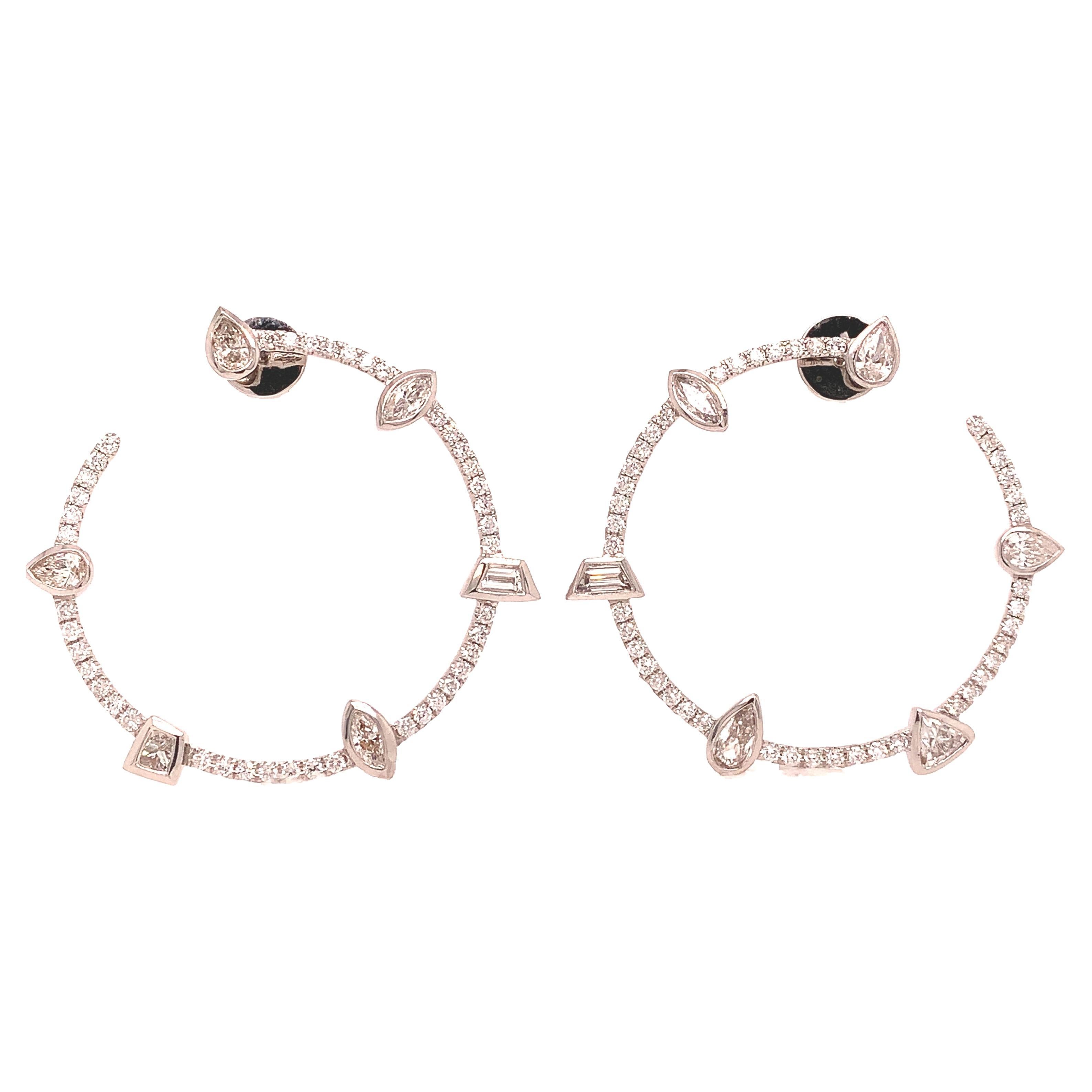 RUCHI Mixed-Shape Bezel Set Diamond White Gold Hoop Earrings For Sale