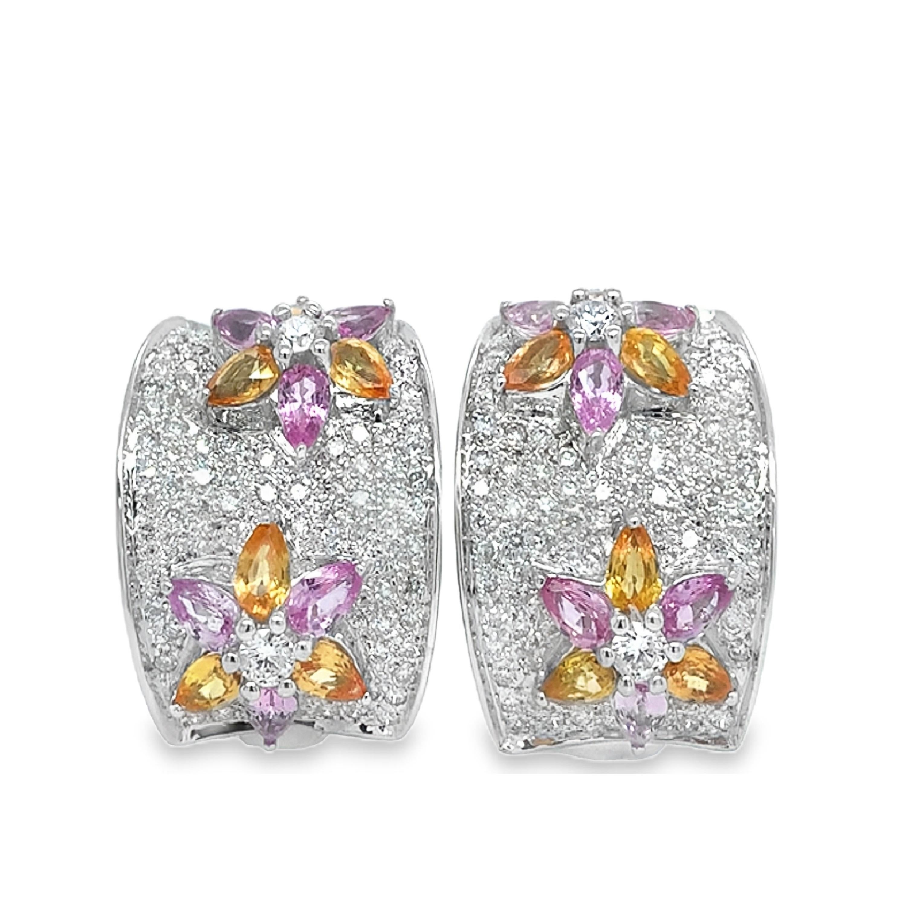 Rainbow

Multi-Color Sapphire Diamond Earrings feature stunning pear-shaped multi-colored sapphires, beautifully complemented by round diamonds. Set in luxurious 18K white gold, these earrings offer a vibrant and elegant accessory perfect for any